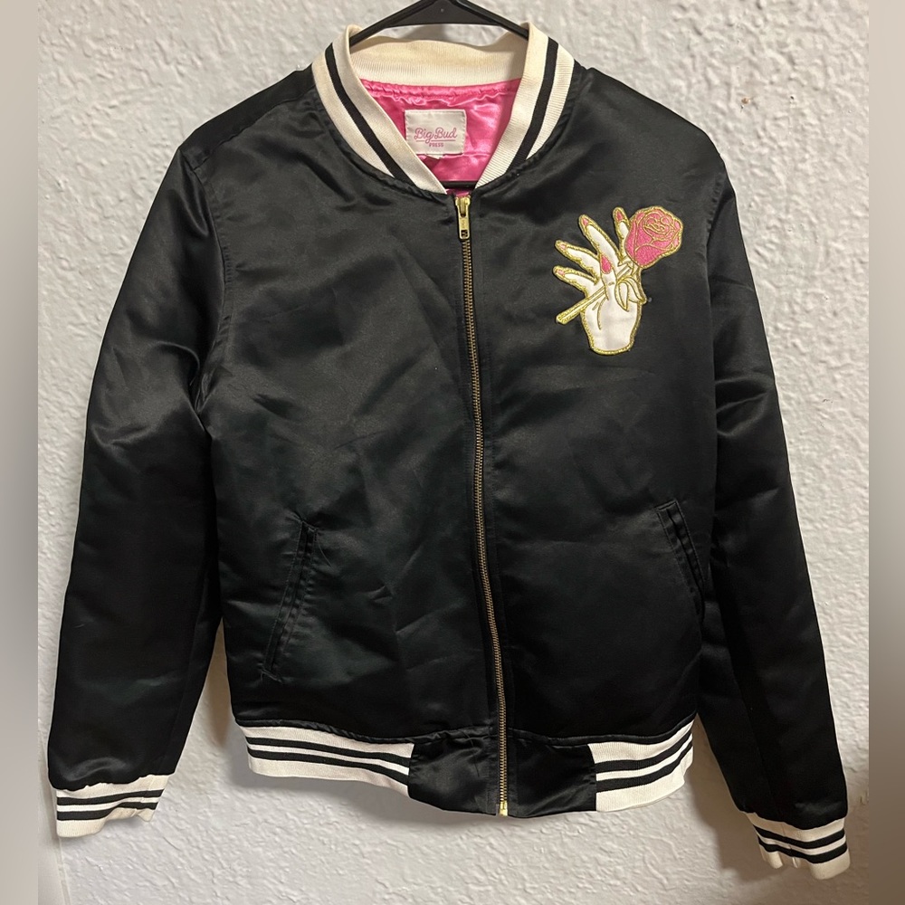 BIG BUD satin bomber jacket, embroidered on front and back